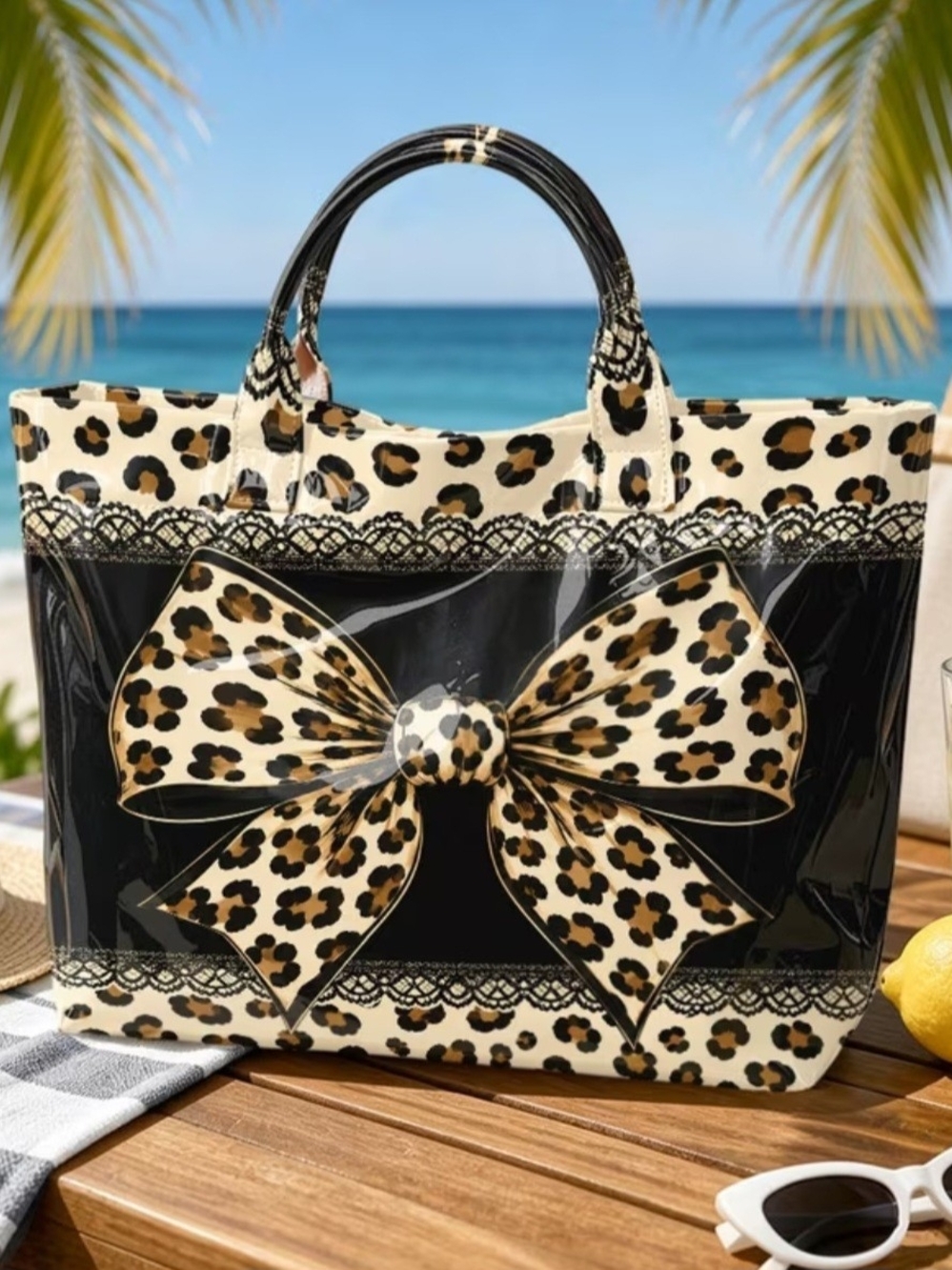 Leopard Bow Accent Tote Bag - Black and Beige
